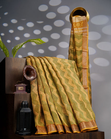 Muslin Silk Saree with Antique Zari Border- Olive