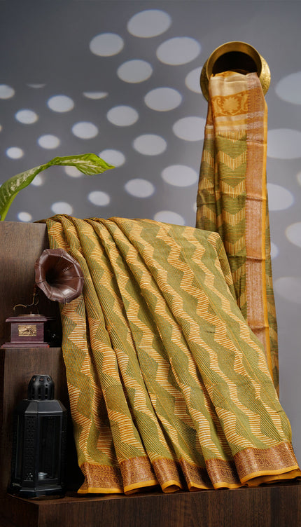 Chanderi Silk Saree with Ajrakh Print and Geometric Pattern- Olive