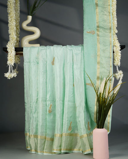 Russian Crepe Kardhana Sequence Work Butties Gold Stripes- Pista Green