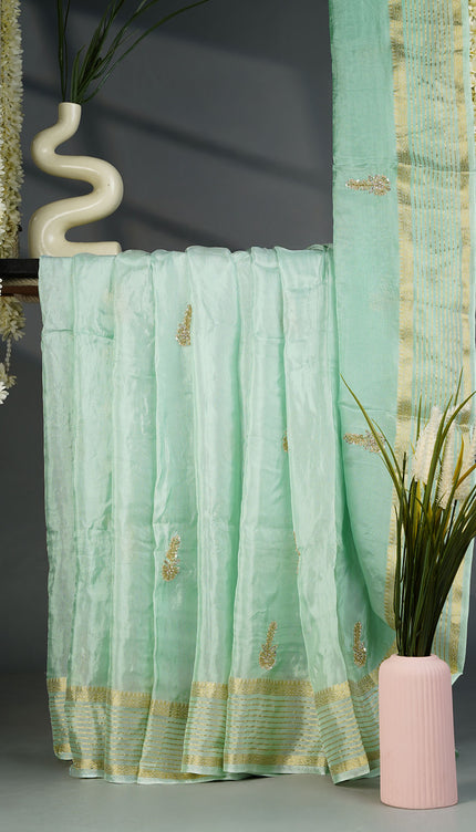 Russian Crepe Kardhana Sequence Work Butties Gold Stripes- Pista Green