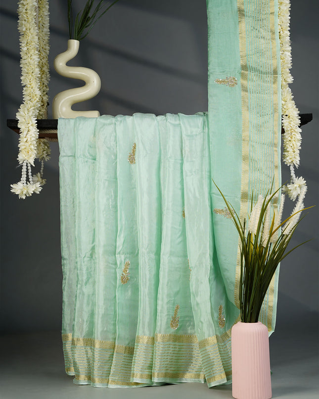 Russian Crepe Kardhana Sequence Work Butties Gold Stripes- Pista Green
