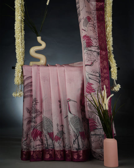 Kota Silk Saree with Digital Print and Contrast Border- Baby Pink