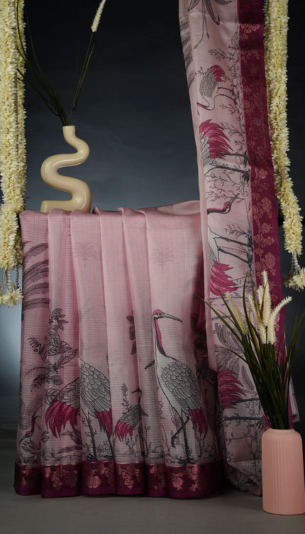 Kota Silk Saree with Digital Print and Contrast Border- Baby Pink