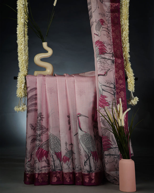Kota Silk Saree with Digital Print and Contrast Border- Baby Pink