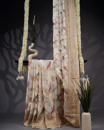 Banarasi Silk Saree with Meenakari Butties and Gold Border- Half White
