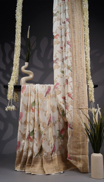 Banarasi Silk Saree with Meenakari Butties and Gold Border- Half White