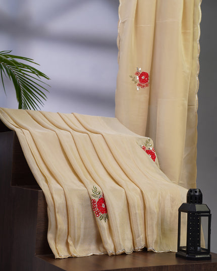 Russian Crepe with Applique Work Butties and Scallop Border with Kardhana Work - Beige