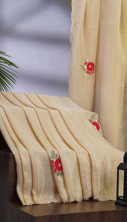 Russian Crepe with Applique Work Butties and Scallop Border with Kardhana Work - Beige