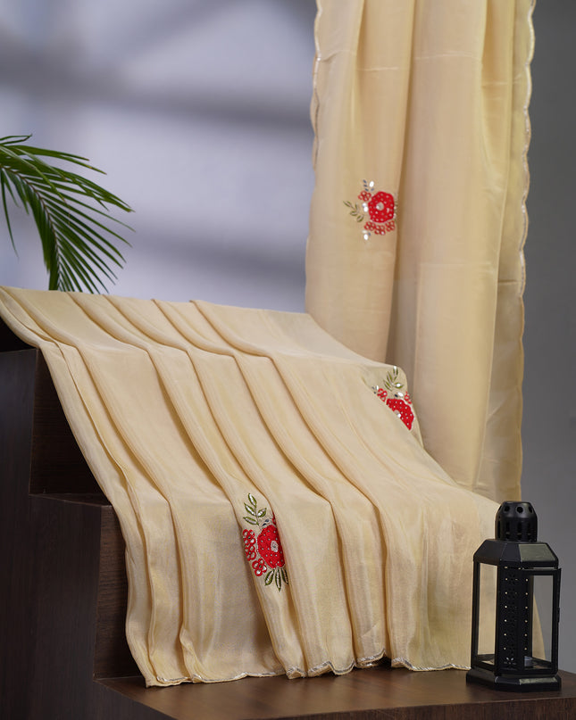 Russian Crepe with Applique Work Butties and Scallop Border with Kardhana Work - Beige