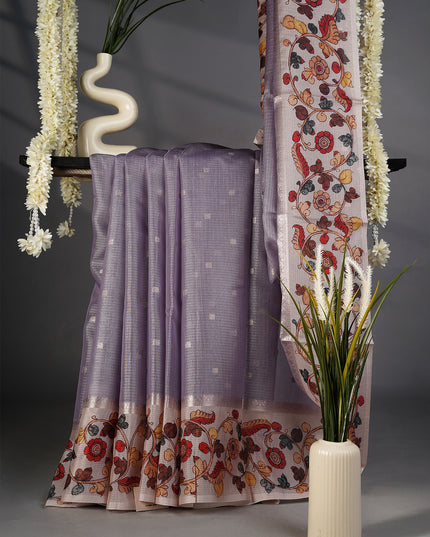 Tissue Kota Silk with Gold Butties and Contrast Floral Print Border- Lavender
