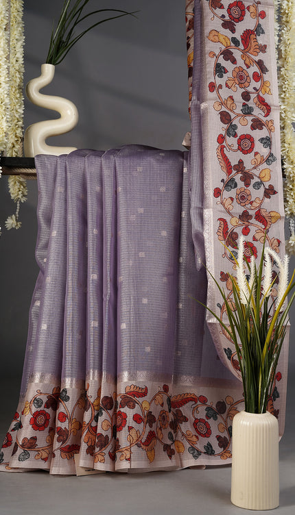 Tissue Kota Silk with Gold Butties and Contrast Floral Print Border- Lavender