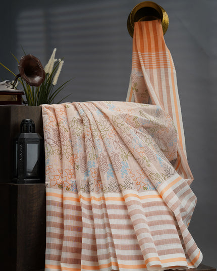 Handloom Cotton Print Saree - Peach & Cream