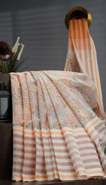 Handloom Cotton Print Saree - Peach & Cream