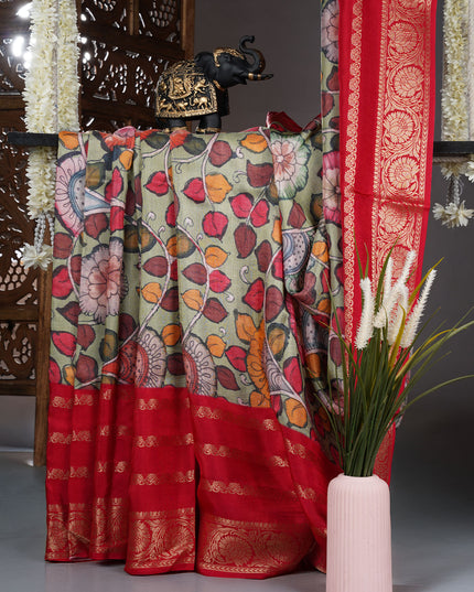 Binny crepe Saree kalamkari print with contrast border - Green