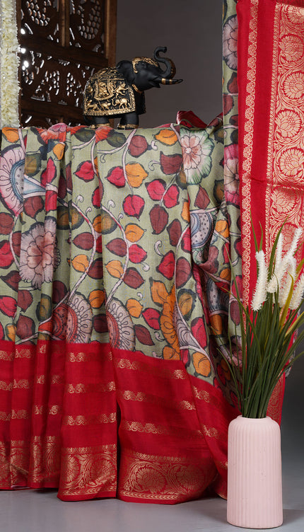 Binny crepe Saree kalamkari print with contrast border - Green