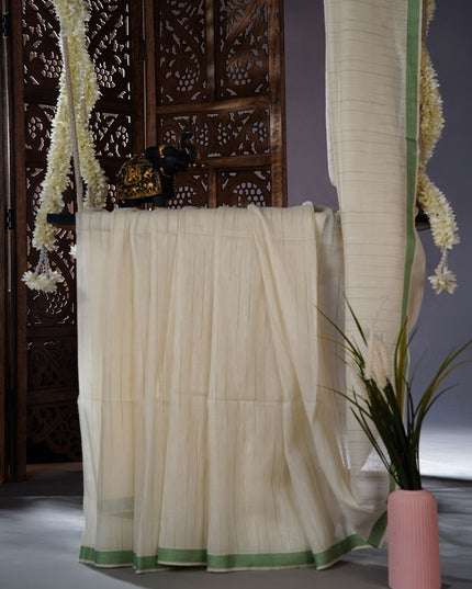 Mul cotton saree with stripes and contrast border - Off White