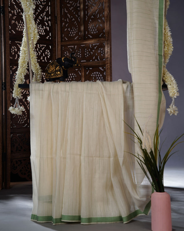 Mul cotton saree with stripes and contrast border - Off White