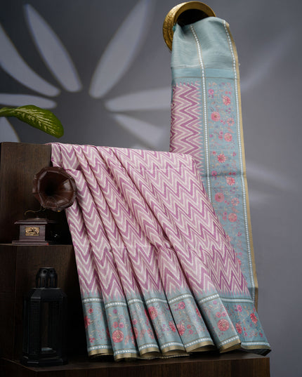 Tusser Silk Saree with Floral Print Border- Light Pink