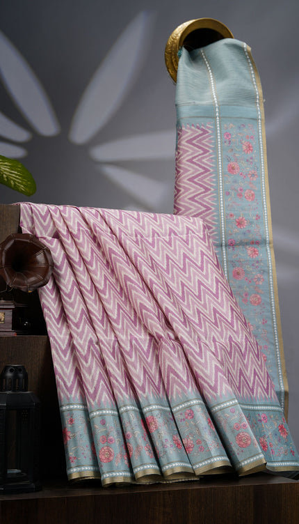 Tusser Silk Saree with Floral Print Border- Light Pink