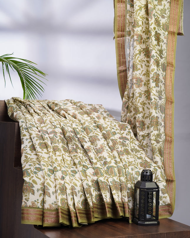 Chanderi Silk Allover Print with Antique Zari Border