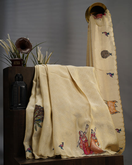 Banaras Silk With Applique And Scallop Border With Kardana Work -  Beige