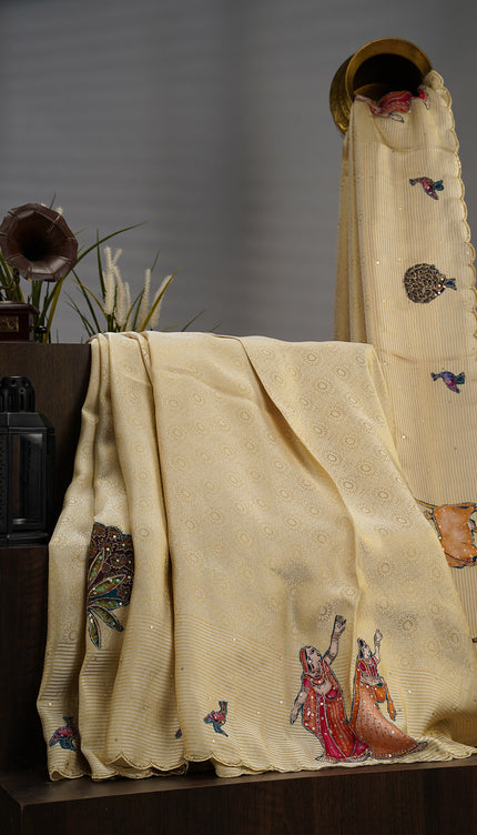 Banaras Silk With Applique And Scallop Border With Kardana Work -  Beige