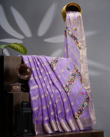 Crepe Saree with Thread Embroidery Work and Banaras Border- Lavender