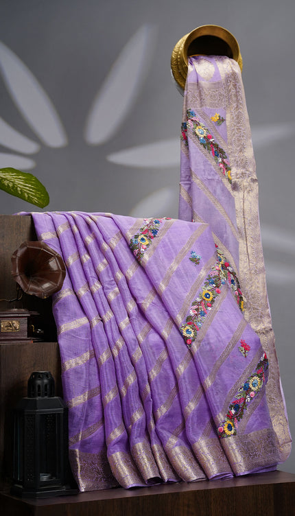 Crepe Saree with Thread Embroidery Work and Banaras Border- Lavender