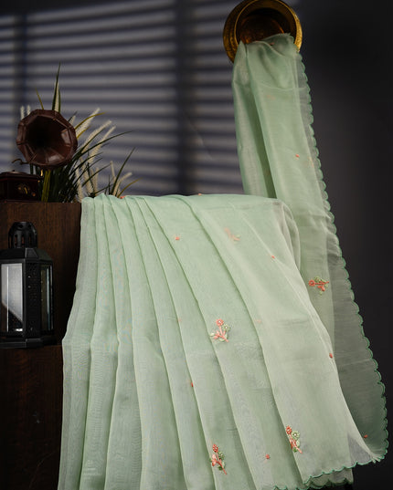 Tissue Linen Saree With Thread Knot Work Butties With Scallop Border - MINT GREEN