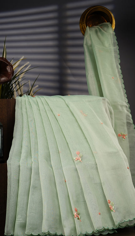 Tissue Linen Saree With Thread Knot Work Butties With Scallop Border - MINT GREEN