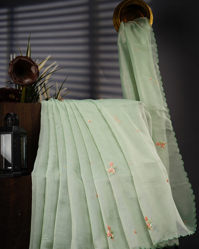 Tissue Linen Saree With Thread Knot Work Butties With Scallop Border - MINT GREEN