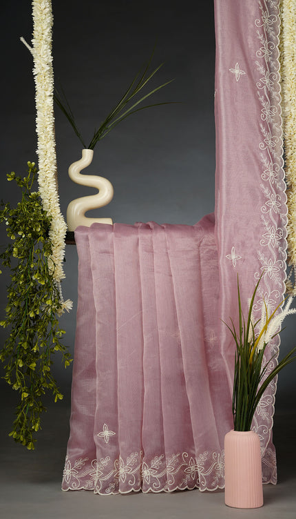 Tissue Lenin Saree and Scallop Border and Pearl Work- Lavender