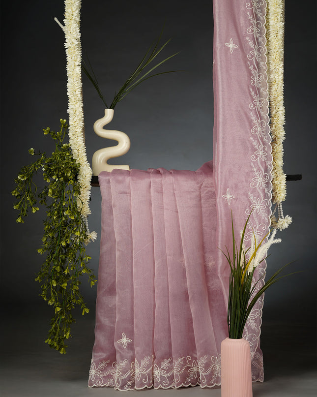Tissue Lenin Saree and Scallop Border and Pearl Work- Lavender