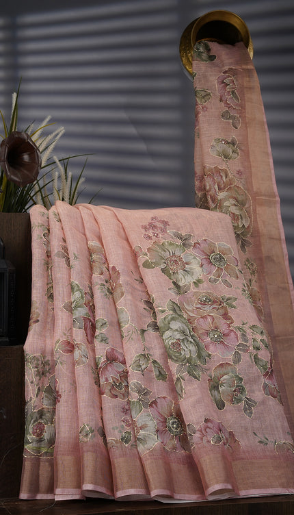 Tissue Linen Saree With Floral Print And Kantha Work And Gold Zari Border - Peach