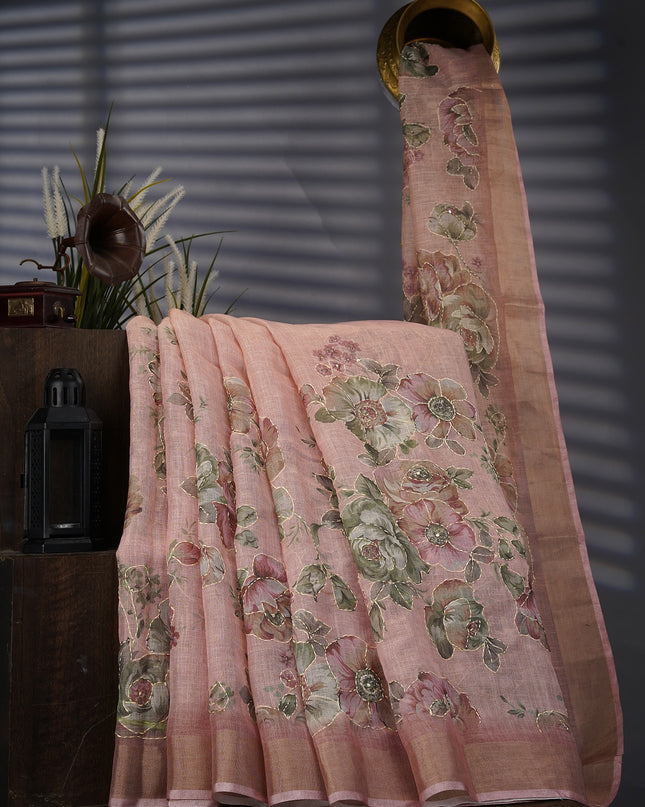 Tissue Linen Saree With Floral Print And Kantha Work And Gold Zari Border - Peach