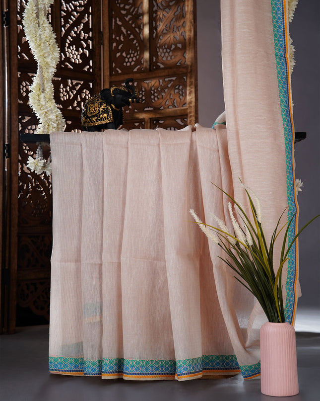 Mul cotton saree with allover stripes and contrast border - Light grey