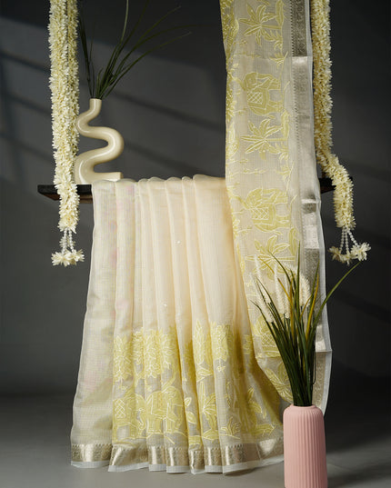 Kota Silk Saree with Mirror and Applique work Silver Border- Green