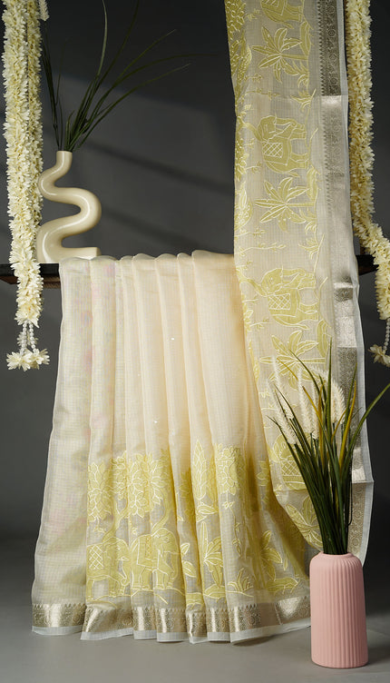 Kota Silk Saree with Mirror and Applique work Silver Border- Green