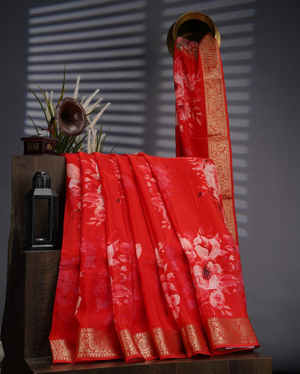 Binny Crepe Floral Print with Golden Zari Border- Red
