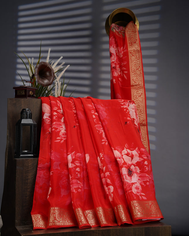 Binny Crepe Floral Print with Golden Zari Border- Red
