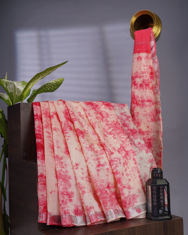 Mangalagiri Shibori Silk With Silver Border - Creme & Pink