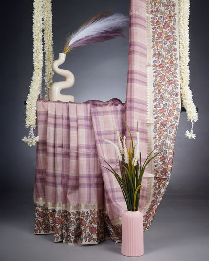 Semi Tusser Saree With Contrast Border - Pink