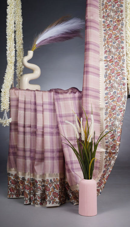 Semi Tusser Saree With Contrast Border - Pink