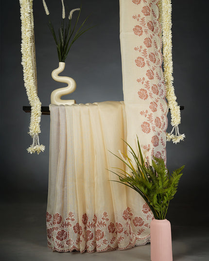 Kota Silk Saree with Floral Print and Ari Work Scallop Border- Cream and Brown