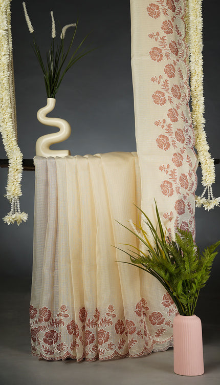 Kota Silk Saree with Floral Print and Ari Work Scallop Border- Cream and Brown