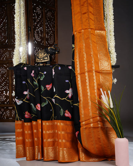 Binny Crepe Saree Floral Print With contrast Border - Black