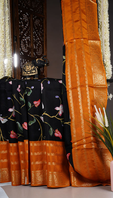 Binny Crepe Saree Floral Print With contrast Border - Black