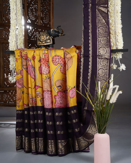 Binny Crepe Saree with kalamkari Print With contrast Border - Yellow
