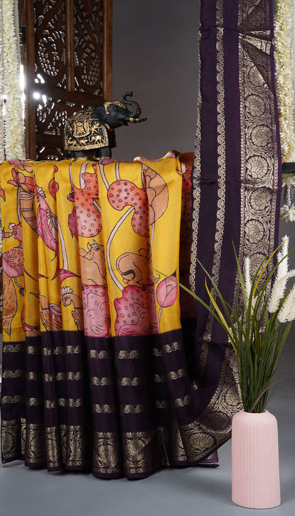 Binny Crepe Saree with kalamkari Print With contrast Border - Yellow