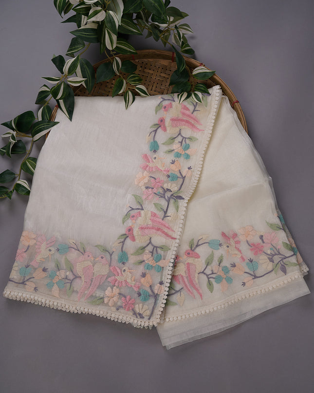 Soft Tissue Organza Silk with Multicolor Thread Embroidery Border